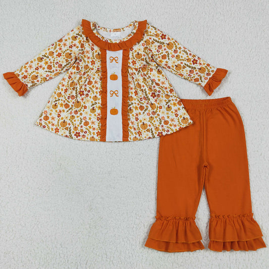Embroidery Baby Girls Clothes Fall Flowers Bows Pumpkins Tunic Ruffle Pants Sets GLP2361 6.24