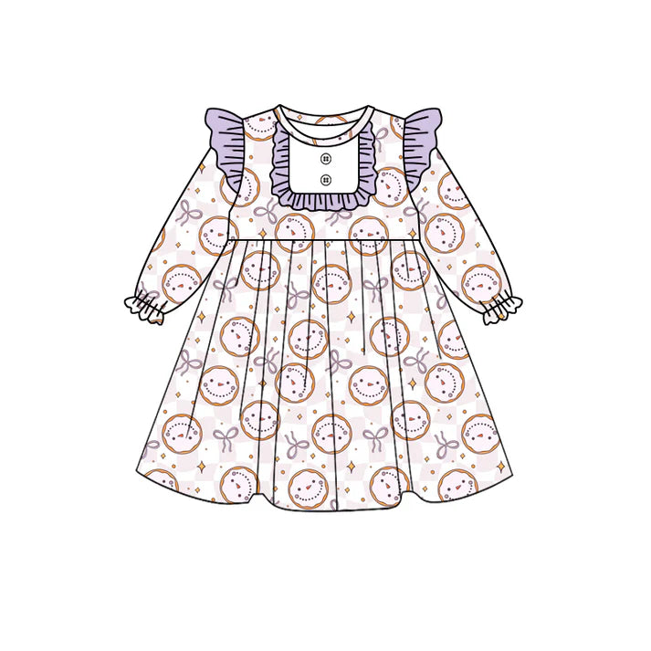Preorder (moq 5)Baby Girls Purple Smile Bows Ruffle Knee Length Dresses 8.14