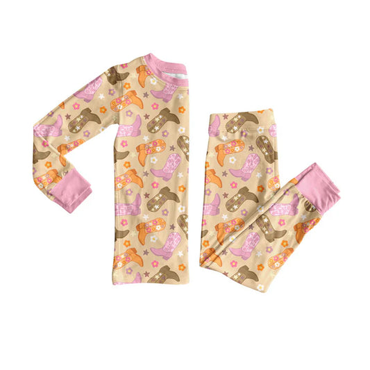 Preorder(moq 5) Baby Girls Boots Flowers Stars Top Pants Western Pajamas Sets 10.14