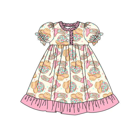 Preorder(moq 5) Baby Girls Pink Howdy Hats Boots Button Western Ruffle Knee Length Dresses 10.18