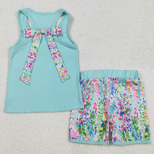 Baby Girls Clothes Aqua Pocket Bow Vest Ruffle Shorts Sets GSSO1982