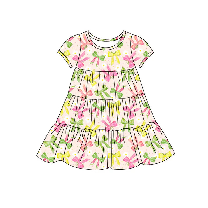 Preorder(moq 5) Baby Girls Colorful Bows Patchwork Ruffle Knee Length Dresses 11.14