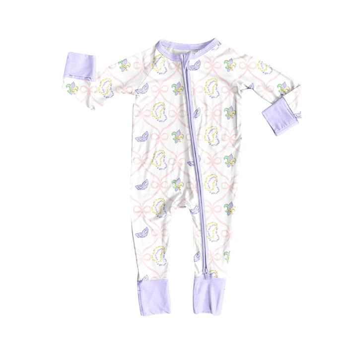 Preorder (moq 5)Baby Girls Bows Masks Checked Mardigras Zipper Footie Rompers 10.16
