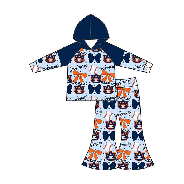 Preorder (moq 5)Baby Girls Long Sleeves Baseballs Bows AU Hoodie Top Bell Bottom Pant Team Set 6.16