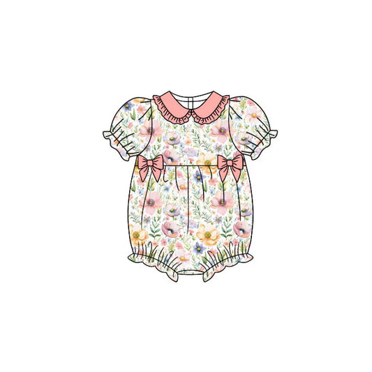 Preorder (moq 5)Baby Girls Short Sleeve Colorful Floral Bows Collar Ruffle Rompers 11.11