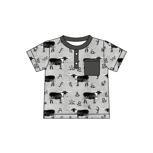 Preorder(moq 5) Baby Boys Grey Cows Button Pocket Western Polo Shirts Top 10.9