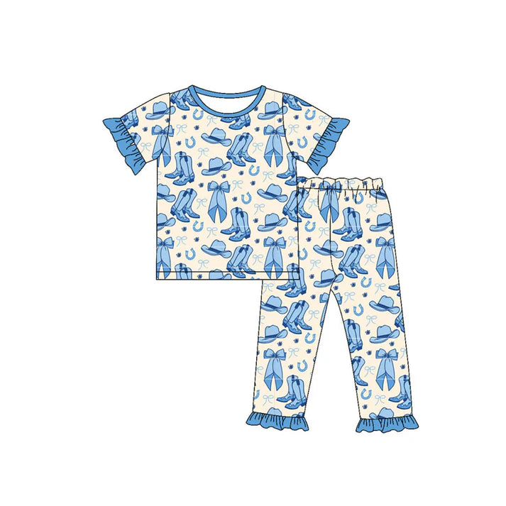 Preorder (moq 5)Baby Girls Bows Boots Hats Top Ruffle Pants Western Pajamas Sets 11.24