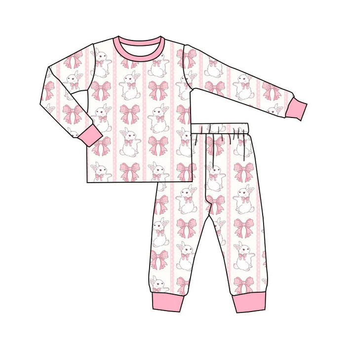 Preorder(moq 5) Baby Girls Pink Bows Rabbits Stripe Top Pants Easter Pajamas Sets 11.19