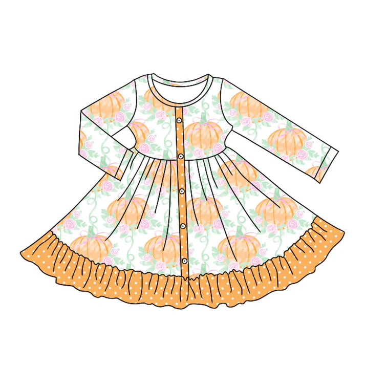 Preorder moq 5 Baby Girls Long Sleeves Pumpkins Flowers Button Ruffle Knee Length Dresses 5.7