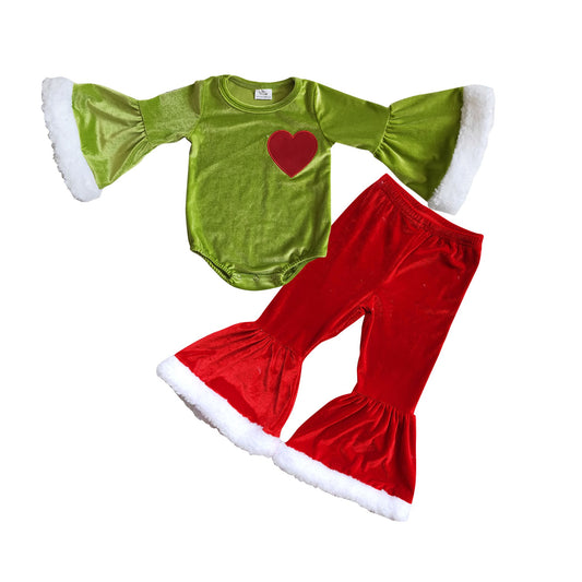 Baby Girls Romper Pants Sets Green Heart Tops Red Fur Bell Bottom Pants Sets GLP0765