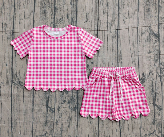 Baby Girls Short Sleeve Pink Checked Shirts Top Scallop Shorts Clothes Sets Preorder GSSO3186