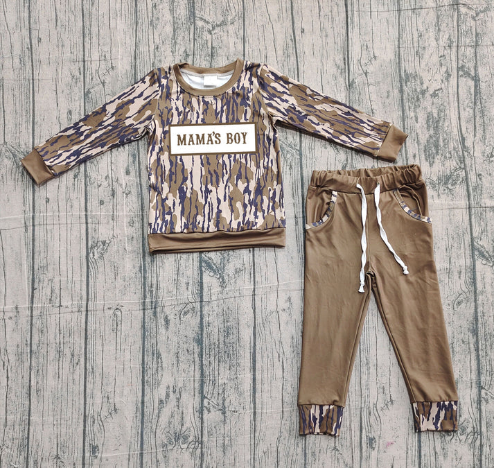 Embroidery Mama's Boy Baby Boys Olive Camo Top Pockets Jogger Clothes Sets Preorder 10.25