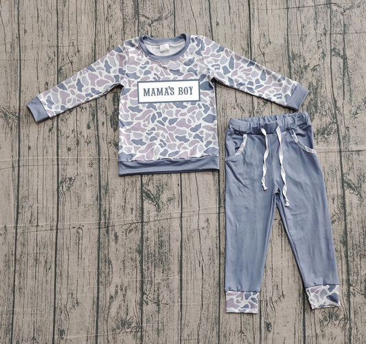 Embroidery Mama's Boy Baby Boys Grey Camo Top Pockets Jogger Clothes Sets Preorder 10.25