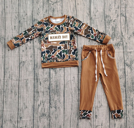 Embroidery Mama's Boy Baby Boys Dark Brown Camo Top Pockets Jogger Clothes Sets Preorder 10.25