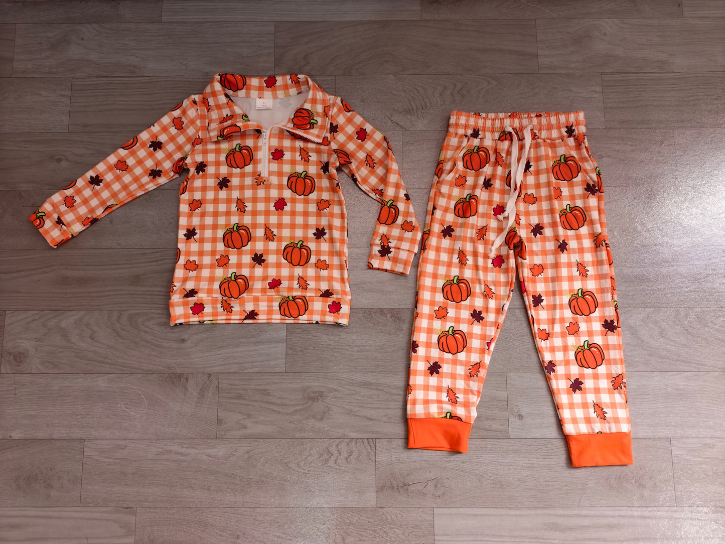Baby Boys Leaves Pumpkins Checked Zip Pullovers Pockets Jogger Pant Fall Clothes Set Preorder BLP1574
