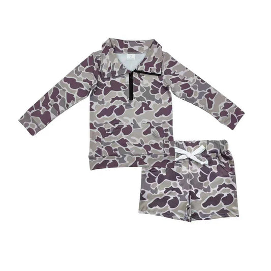 Baby Boys Grey Lavender Camo Zipper Pocket Pullover Pockets Shorts Southern Clothes Sets BLS0009