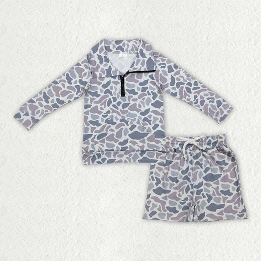 Baby Boys Southern Light Grey Camo Zipper Pockets Top Shorts Hunting Clothes Sets BLS0026