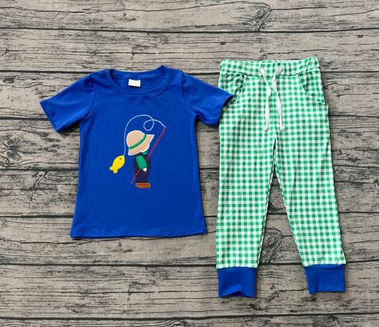 Embroidery Baby Boys Clothes Blue Fishing Shirt Checkered Pants Sets Preorder BSPO0506 8.2