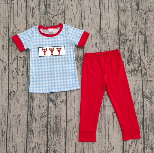 Embroidery Crayfishes Baby Boys Blue Checked Top Lrggings Clothes Sets Preorder 10.25