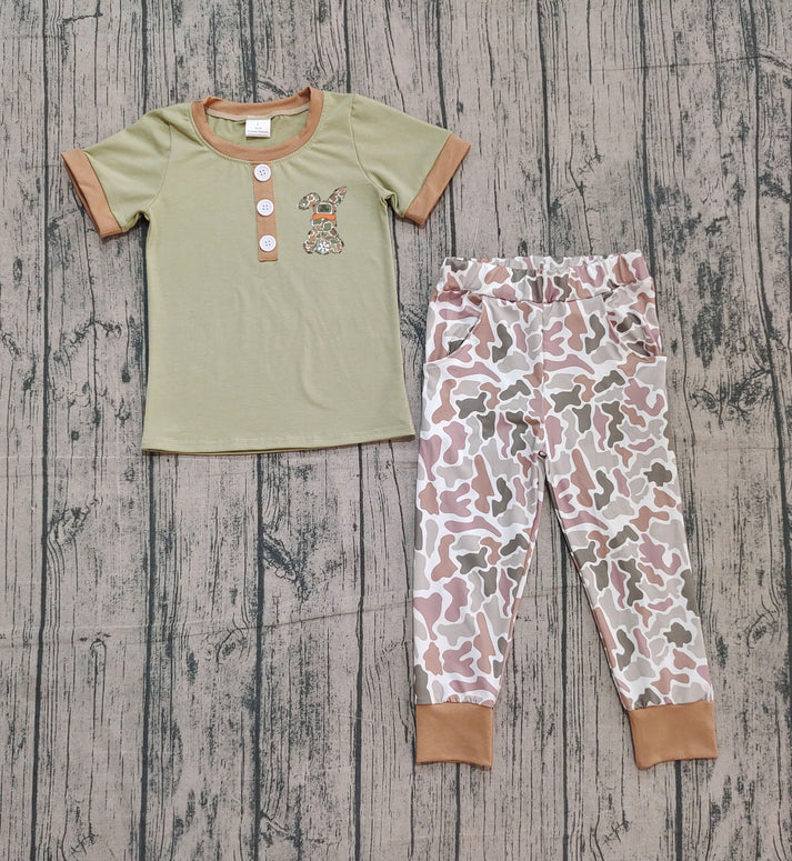 Embroidery Camo Rabbit Baby Boys Olive Button Top Pants Easter Clothes Sets Preorder 10.25