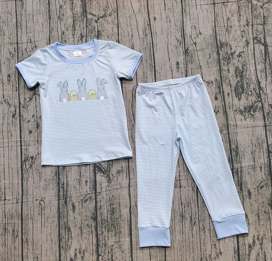 Embroidery Rabbits Eggs Baby Boys Blue Stripe Top Pants Easter Pajamas Sets Preorder 10.25