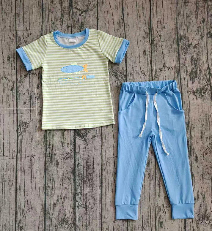 Embroidery Fishing Baby Boys Stripe Top Pockets Leggings Hunting Clothes Sets Preorder 10.25