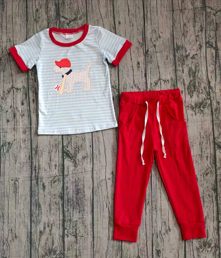 Embroidery Dog Baseballs Baby Boys Stripe Top Pockets Leggings Clothes Sets Preorder 10.25