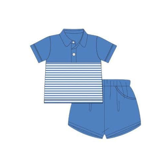 Baby Boys Blue Short Sleeves Button Stripe Top Pockets Short Clothes Set Preorder BSSO1411 3.4