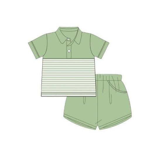 Baby Boys Clothes Green Short Sleeves Button Stripe Top Pockets Short Clothes Set Preorder BSSO1412 3.4