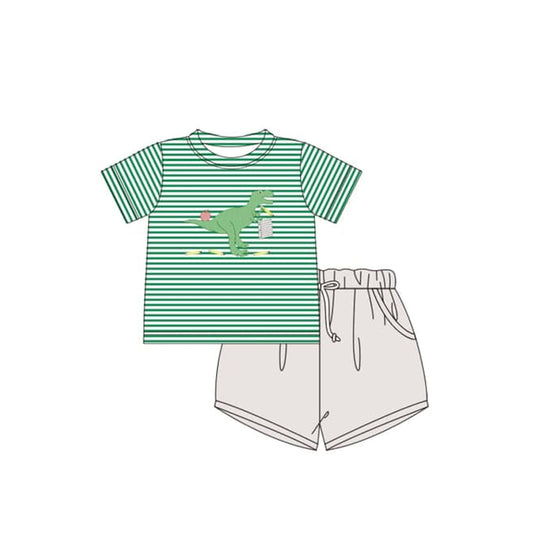 Baby Boys Clothes Green Stripe Short Sleeves Dinosaur Top Gray Pockets Short Set Preorder BSSO1416 3.4