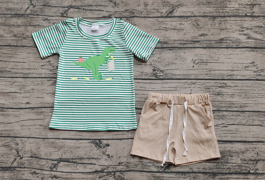 Baby Boys Clothes Green Stripe Short Sleeves Dinosaur Top Pockets Short Set Preorder BSSO1416 3.12