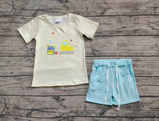 Baby Boys Clothes Stripe Short Sleeves Excavator Top Blue Pockets Short Set Preorder BSSO1417 3.12
