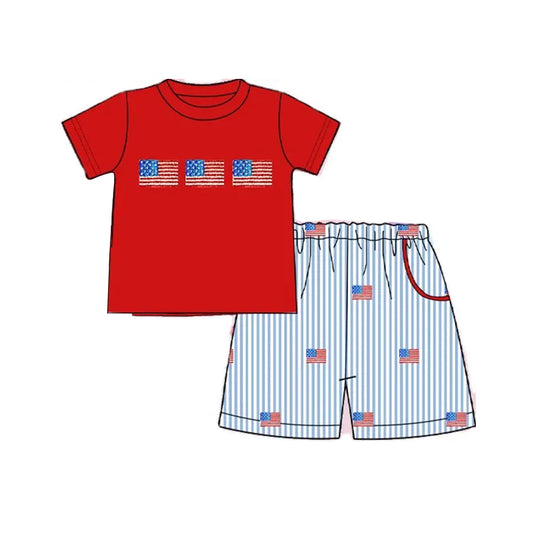 Baby Boys Clothes Red Short Sleeves Flags Top Blue Stripe Pockets Short 4th Of July Set Preorder BSSO1418 3.4
