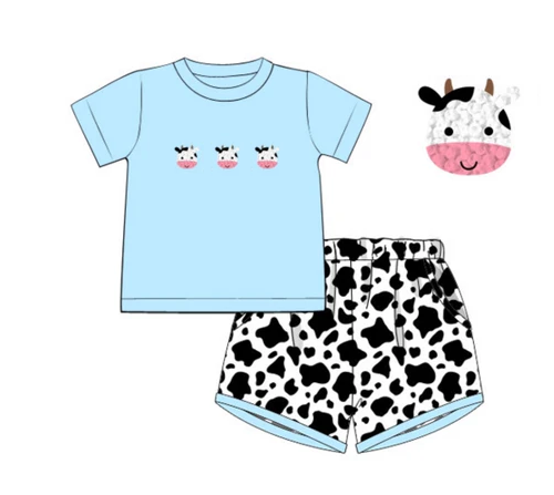 Baby Boys Clothes Blue Short Sleeves Cows Top Cow Print Short Set Preorder BSSO1451 3.15