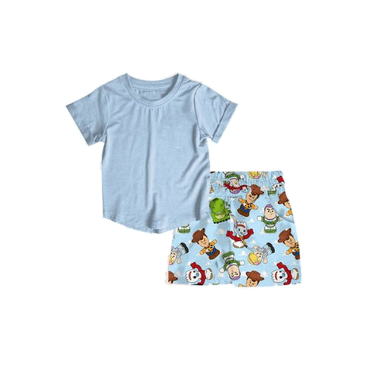 Baby Boys Clothes Blue Short Sleeves Top Cartoon Dolls Pockets Short Set Preorder BSSO1452 3.15