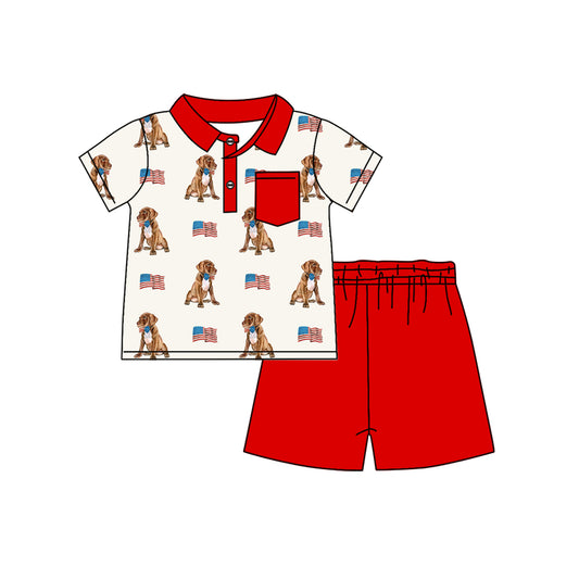 Baby Boys Clothes Button Pocket Dogs Flags Top Red Shorts 4th Of July Sets Preorder BSSO1488 4.4