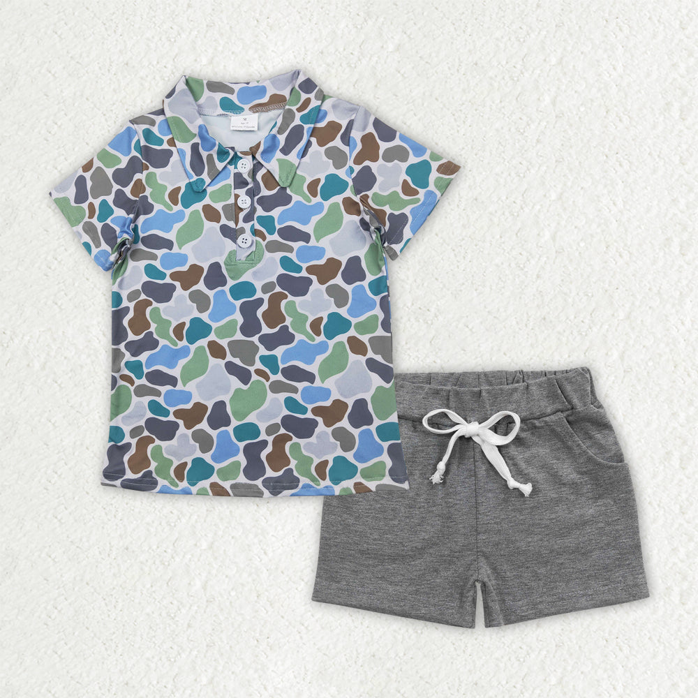 Baby Boys Clothes Blue Camouflage Button Pullover Top Grey Pockets Shorts Sets BSSO1491 4.7