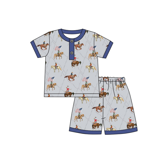 Baby Boys Clothes Blue Button Horse Rodeos Flags Top Short 4th Of July Pajamas Sets Preorder BSSO1497 4.3