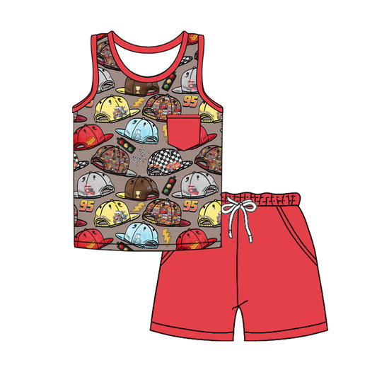 Baby Boys Clothes Red Sleeveless Cartoon Hats Pocket Top Pockets Shorts Sets Preorder BSSO1499 4.3