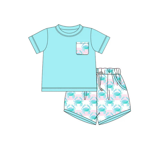 Baby Boys Blue Shirt Top Crabs Stripe Pockets Shorts Clothes Sets Preorder 11.21