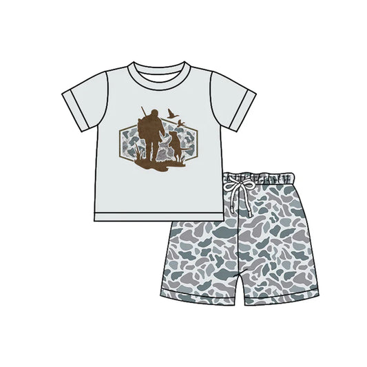 Baby Boys Light Grey Camo Dogs Ducks Top Shorts Hunting Clothes Sets Preorder 11.28