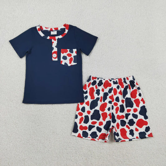 Sibling Baby Boys Red Blue Cow Print Button Tops Shorts 4th of July Clothes Set Rompers