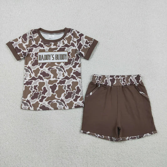 Kids Sibling Clothing Embroidery Mama's Boy Girl Brown Camo Shorts Clothes Set Dress Rompers