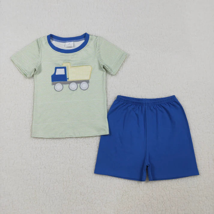 Sibling Baby Boys Embroidery Tractors Stripe Top Short Clothes Set Rompers