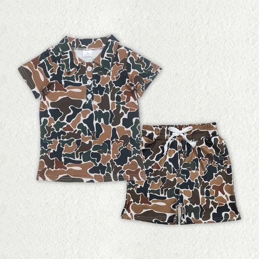 Baby Boys Southern Dark Brown Camo Buttons Polo Top Pockets Shorts Clothes Sets BSSO1998