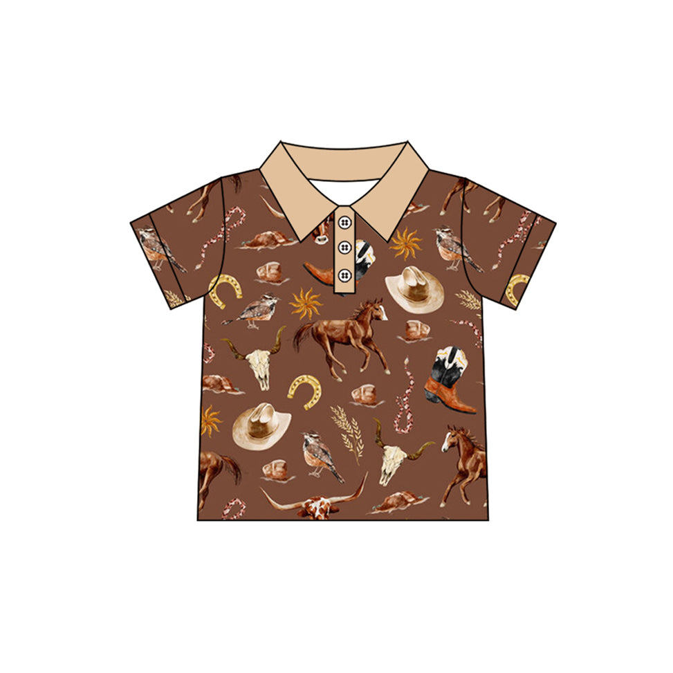 Baby Boys T-shirts Brown Short Sleeves Button Hats Horses Polo Shirts Top Preorder BT1230 4.8