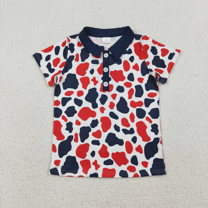 Sibling Baby Boys Red Blue Cow Print Button Tops Shorts 4th of July Clothes Set Rompers