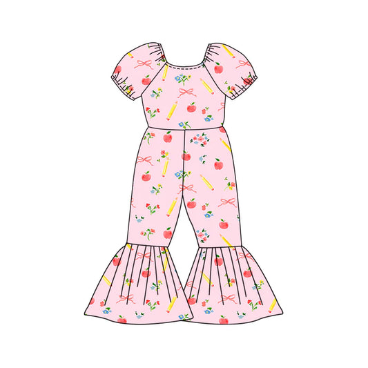 Preorder (moq 5)Baby Girls Bows Apples Pencils Back to School Bell Bottom Pant Jumpsuits 12.27