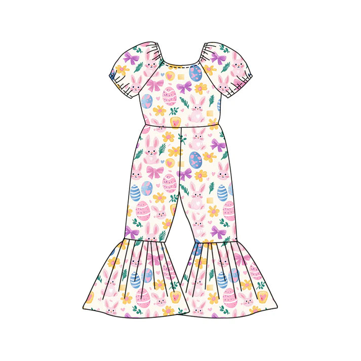 Preorder (moq 5)Baby Girls Flowers Rabbits Eggs Easter Bell Bottom Pant Jumpsuits 12.27