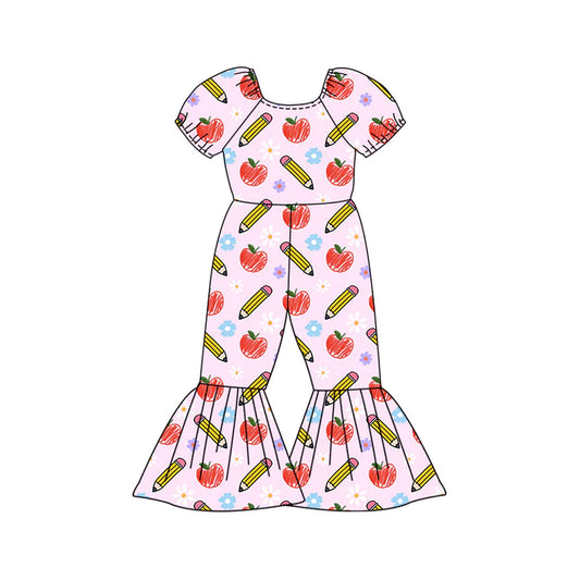 Preorder (moq 5)Baby Girls Flowers Apples Pencils Back to School Bell Bottom Pant Jumpsuits 12.27